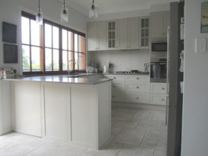 Shaker Style Kitchen in 2 Pac Sarsen Grey with Caesarstone Oyster Benchtops